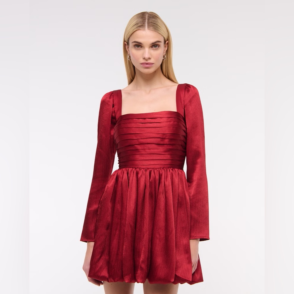 NWT The A&F Emerson Bubble Hem Satin Mini Dress - Rich Ruby